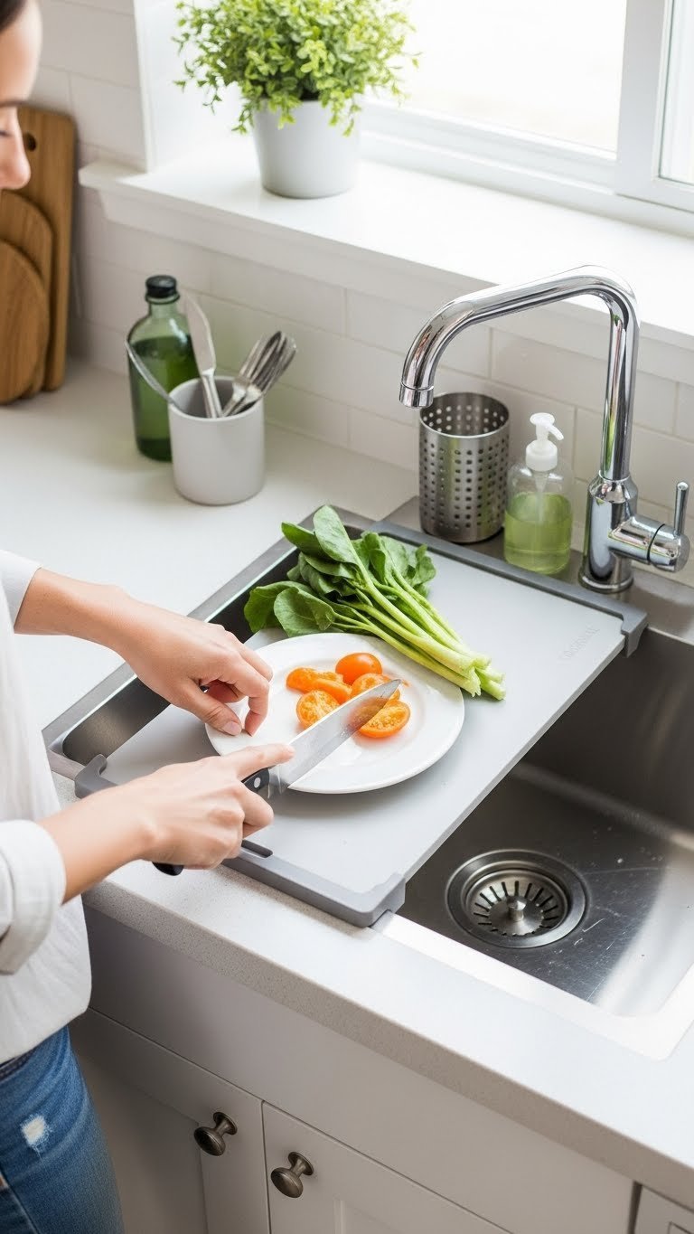 Over-the-sink cutting board used for meal prep extending limited counter space in a small studio apartment kitchen