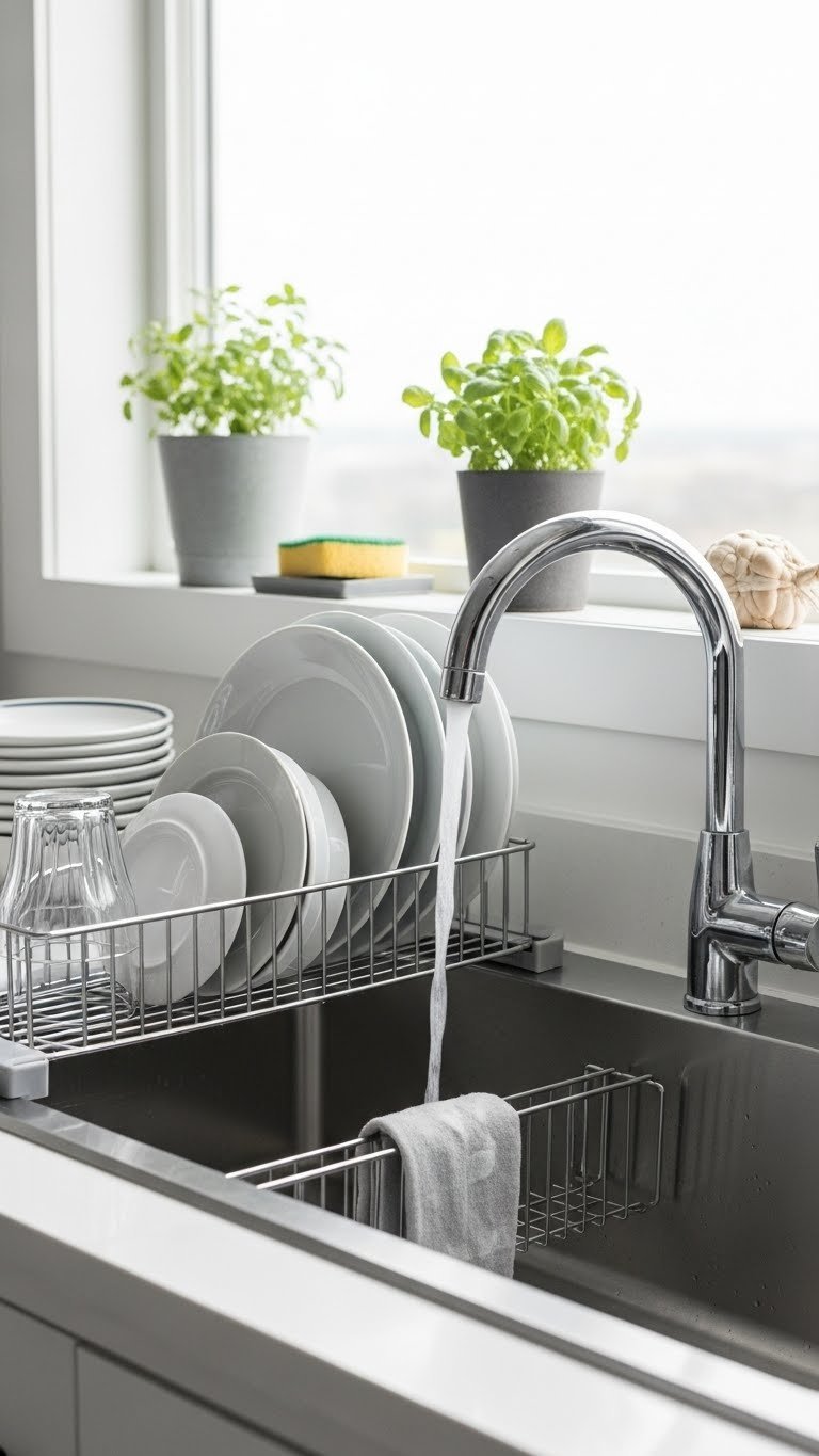 Over-the-sink dish drying rack with freshly washed dishes and small potted herbs above stainless steel sink.