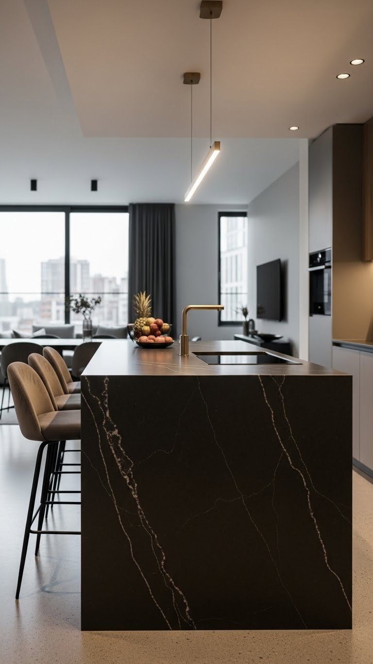Oversized kitchen island with dramatic waterfall edge crafted from dark veined quartzite in open-plan luxury living space
