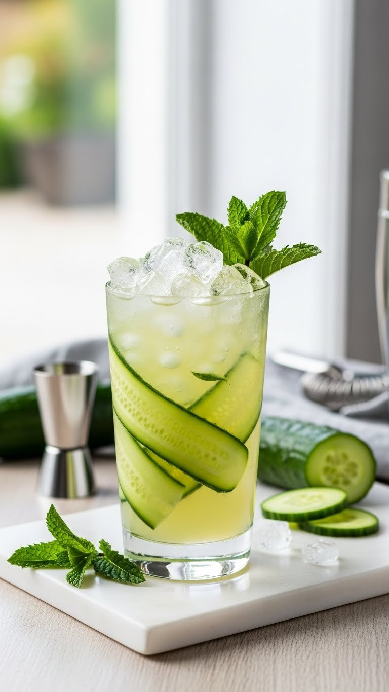 Pale green cucumber mint gin fizz cocktail in highball glass with cucumber ribbons and fresh mint sprig