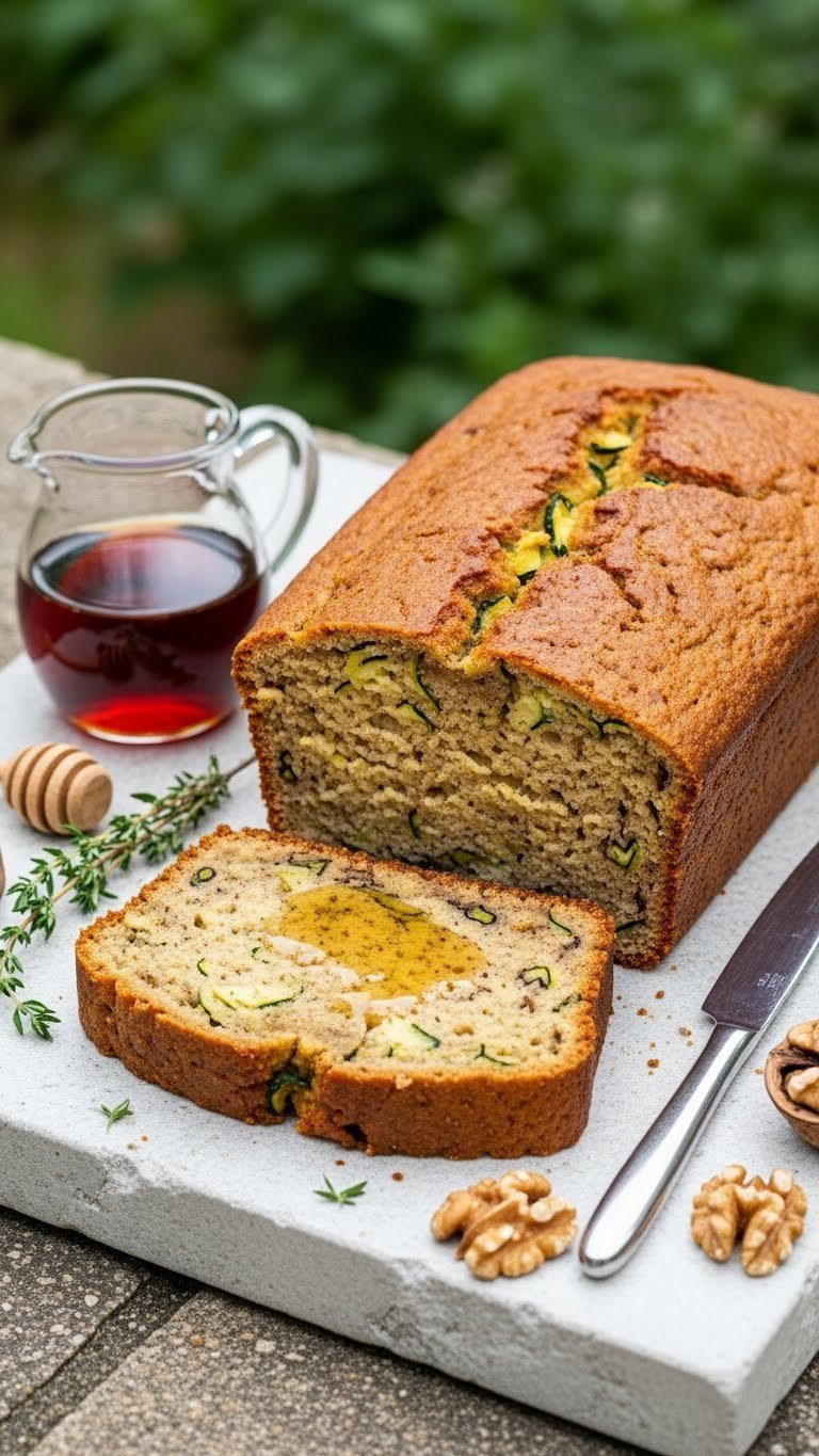 Ultimate Almond Flour Zucchini Bread: Easy, Moist, Gluten-Free 7 Paleo-compliant almond flour zucchini bread slice with maple syrup pitcher on stone surface with walnuts and thyme garnish.