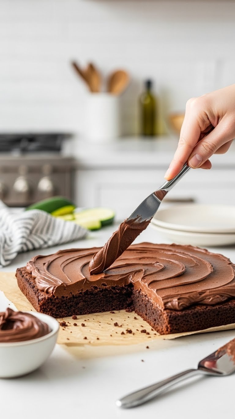 Palette knife spreading smooth chocolate frosting over cooled zucchini brownies for decadent finish