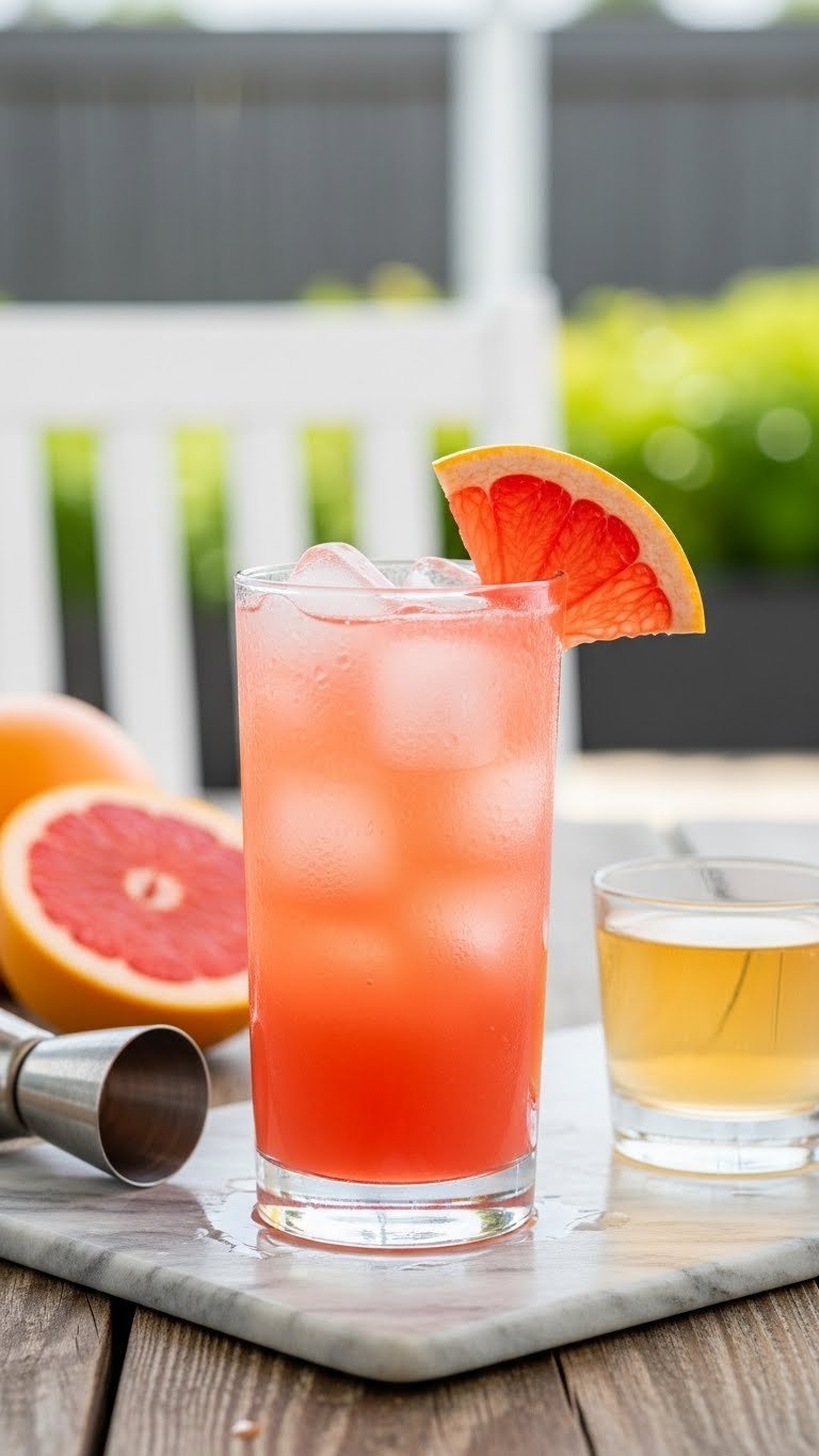 Paloma cocktail with pink grapefruit soda, ice cubes, and grapefruit slice in tall glass on rustic wooden table