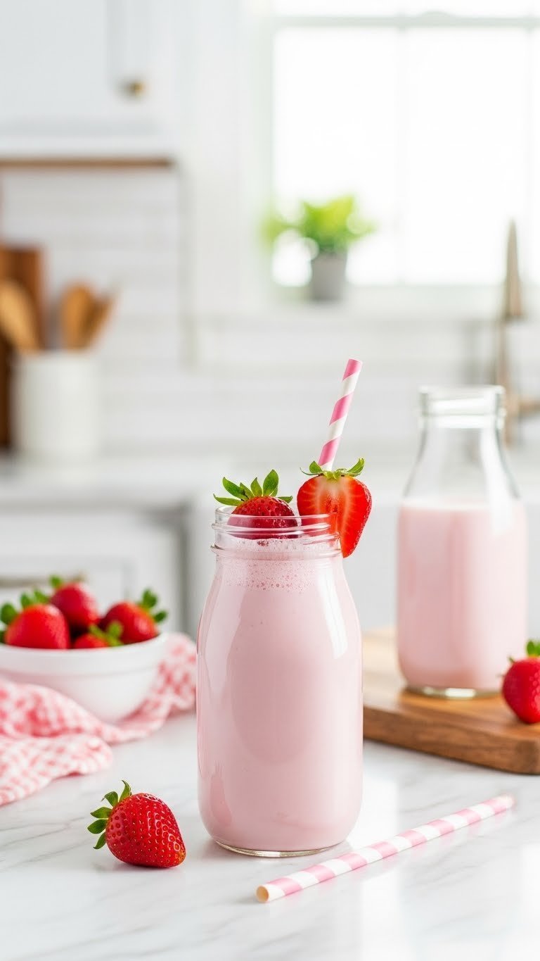 Pastel pink strawberry milk in glass bottle with fresh strawberries on white marble countertop