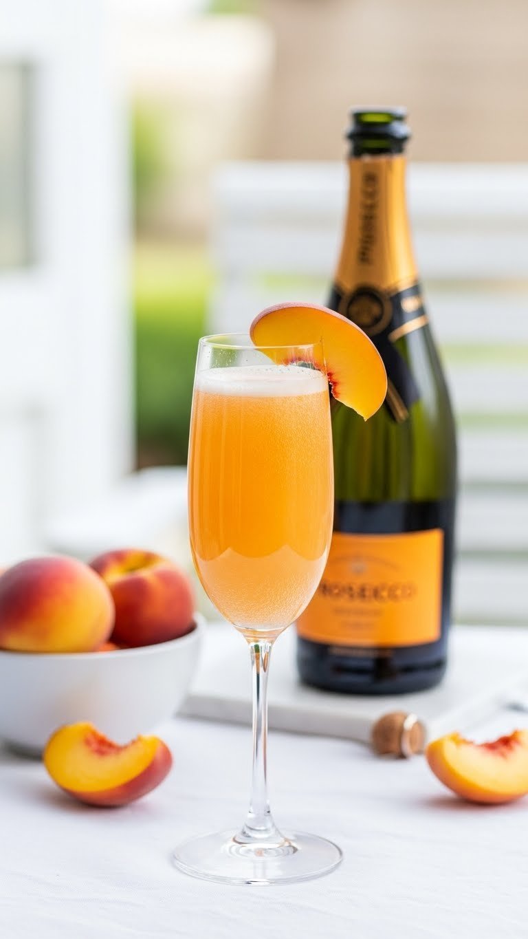 Peach bellini in slender champagne flute with peach slice garnish on white tablecloth