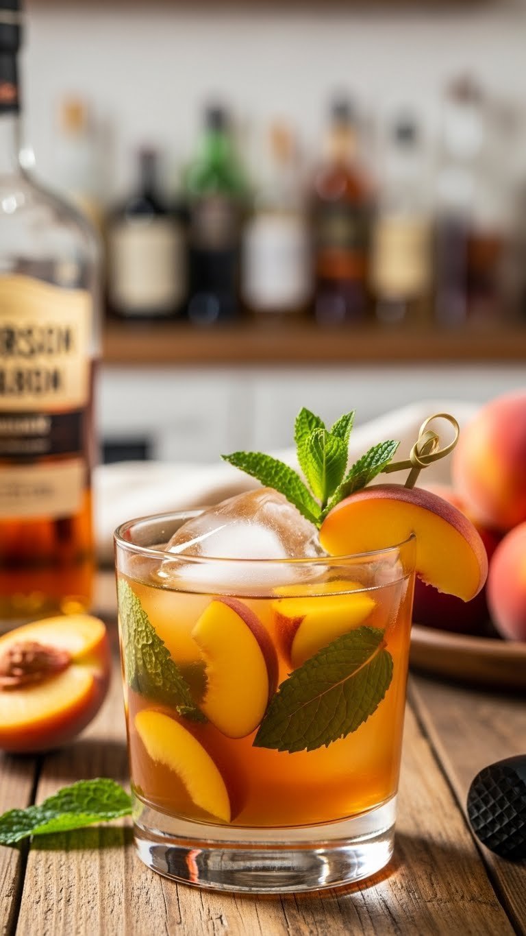 Peach bourbon smash cocktail with muddled fruit and mint in old-fashioned glass
