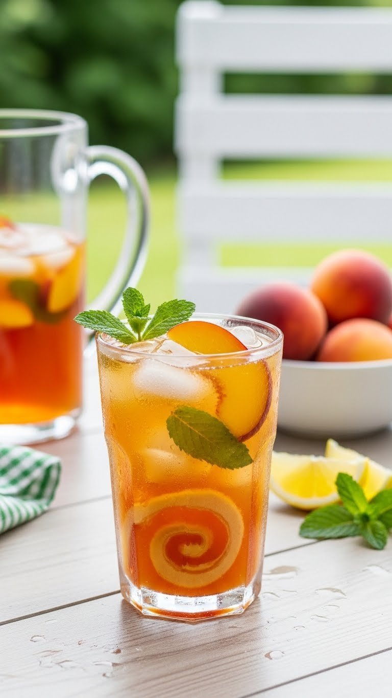 Peach iced tea cooler with fresh peach slices and mint in tall glass
