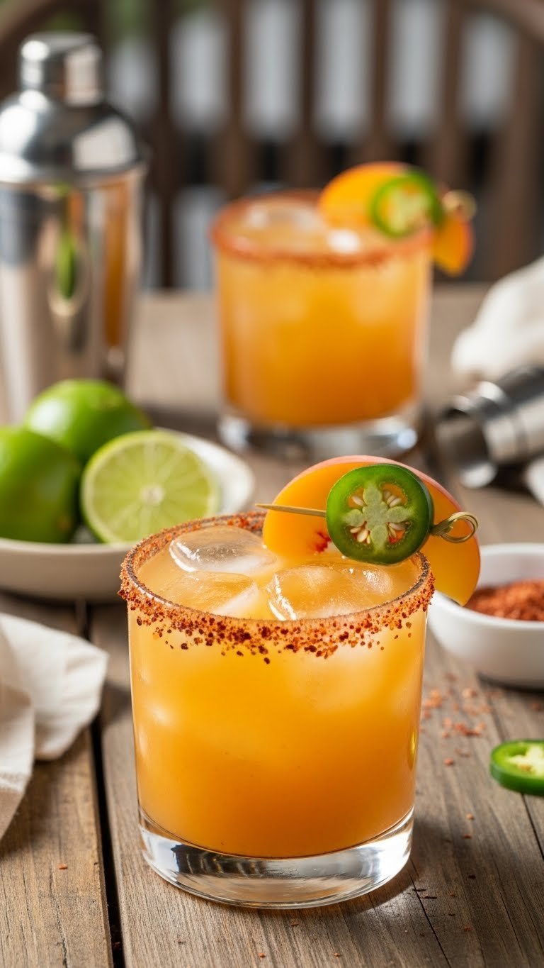 Peach margarita with chili-lime salt rim and fresh garnish in rustic setting