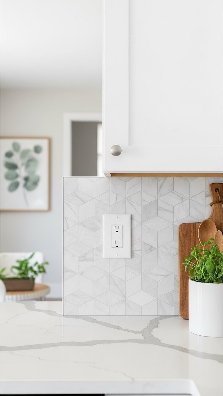 Peel and stick subway tile backsplash installation on kitchen wall with natural lighting and clean countertop foreground.