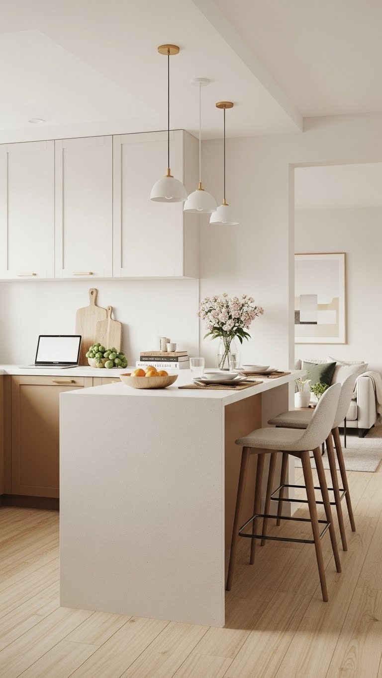 Peninsula extension with waterfall edge design separating kitchen and living area in open concept apartment