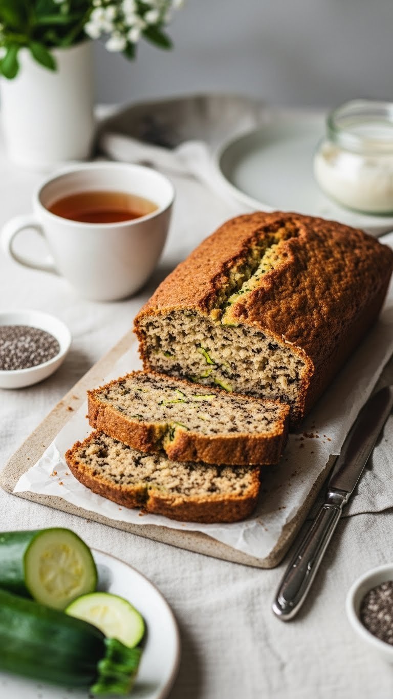Perfectly baked loaf of healthy gluten-free vegan zucchini bread showing moist crumb with green shreds