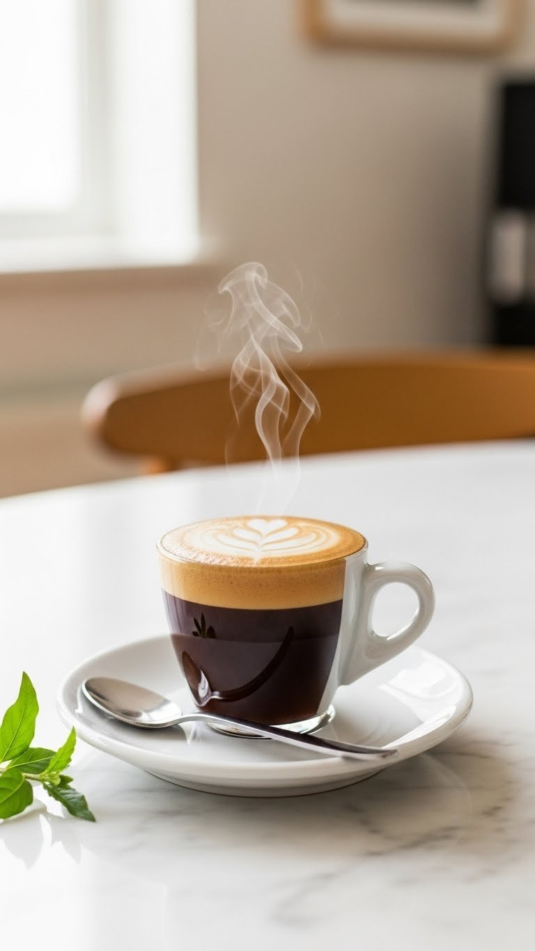 Perfectly brewed espresso macchiato in demitasse cup with foamed milk dollop and steam rising on white saucer