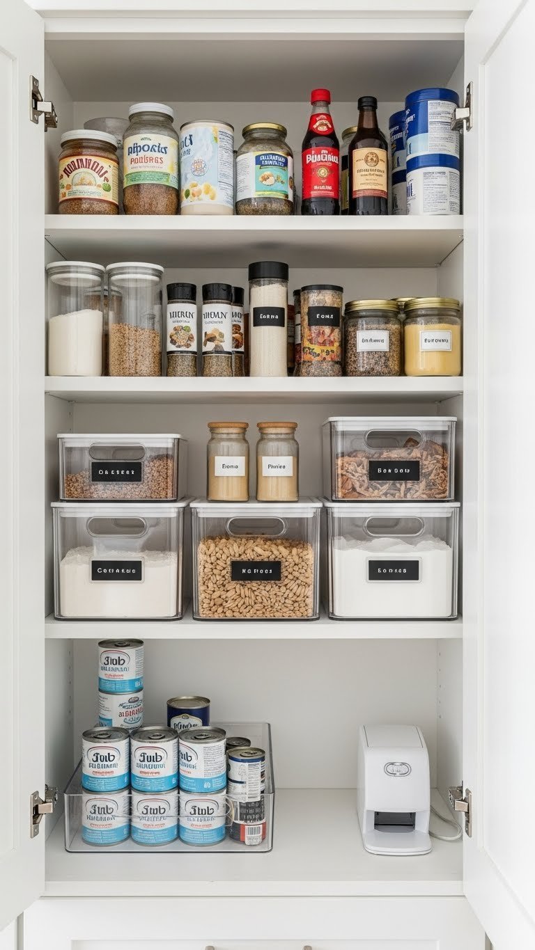 Perfectly organized apartment pantry with clear acrylic bins and matching spice jars on neat shelves