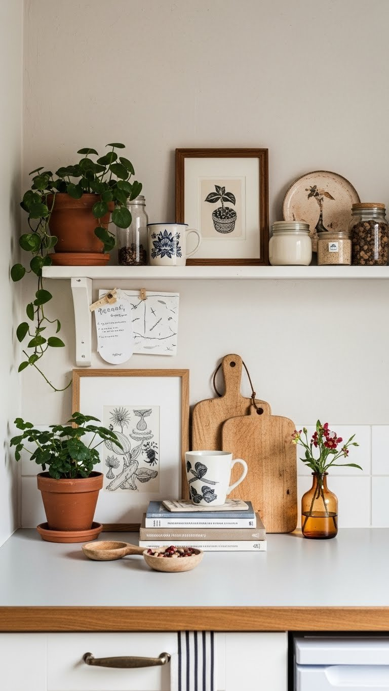 Personalized kitchen countertop with decorative items like framed art and potted plants adding urban character