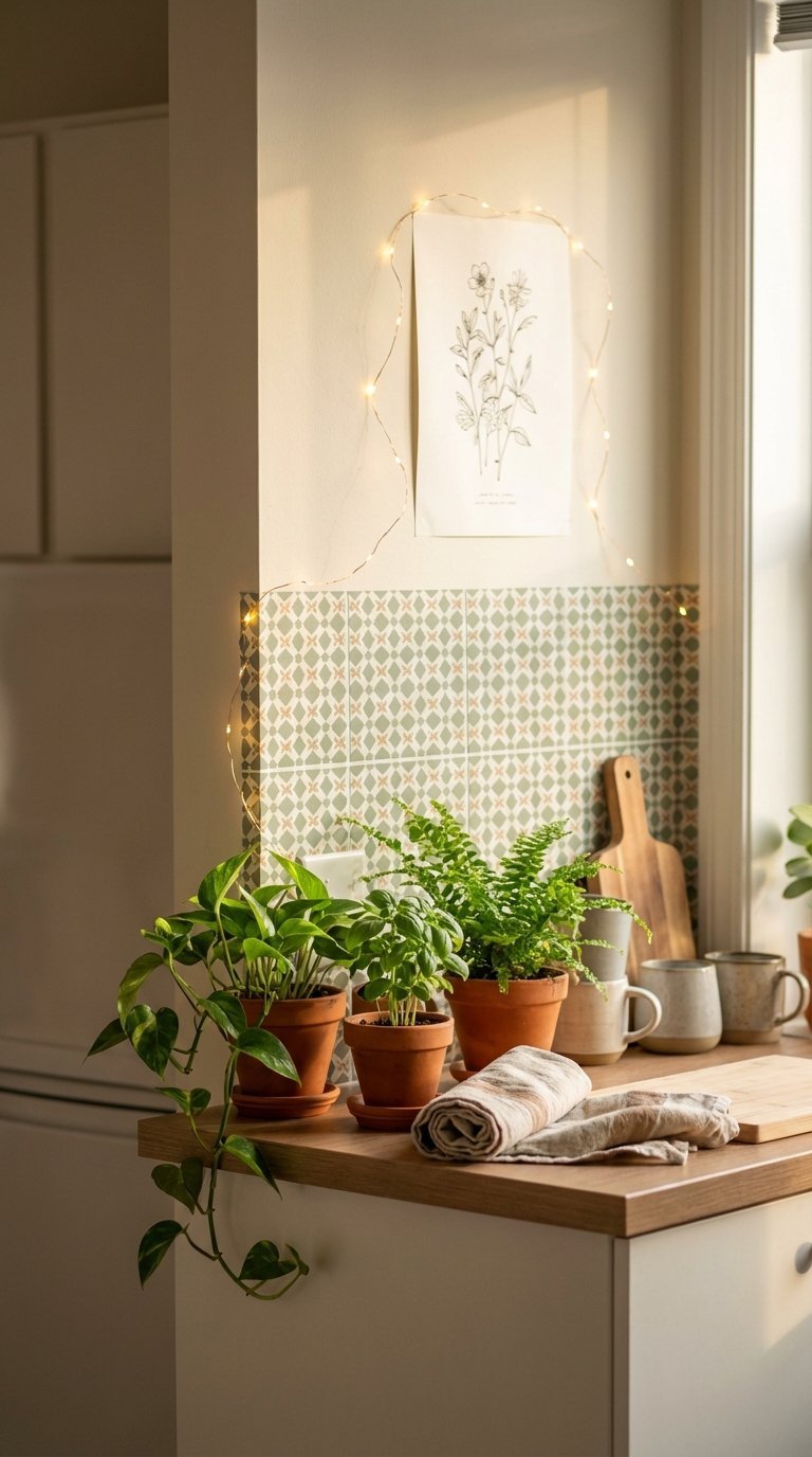 Personalized rental kitchen with peel-and-stick backsplash and decorative plants creating cozy aesthetic