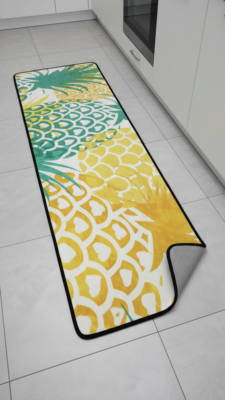 Pineapple Fruit Kitchen Rug: Honest Review - Worth It Or Waste? 8 A colorful Pineapple Tropical Fruit Kitchen Rug laid out on a white tile kitchen floor.