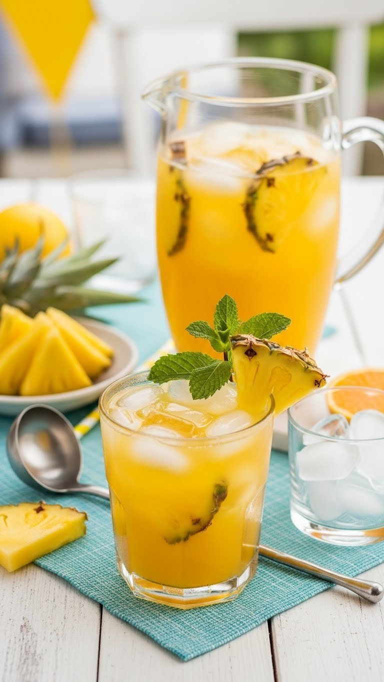 Pineapple Red Bull Punch in glass pitcher with fresh pineapple chunks and mint sprig party drink