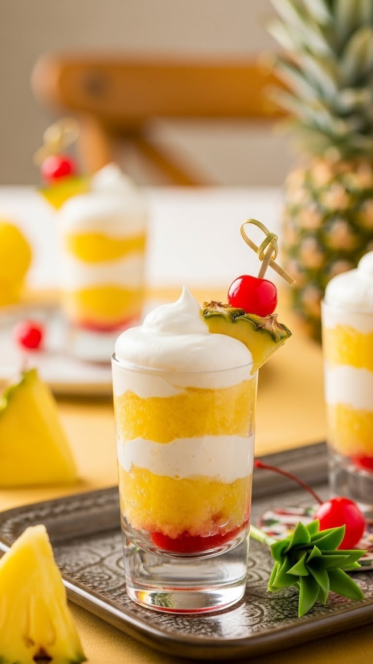 Pineapple upside-down cake shot in small glass with cherry garnish on decorative tray