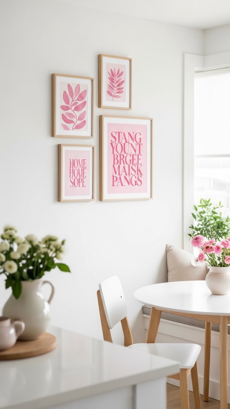 Pink gallery wall with botanical art and typography prints above apartment kitchen dining nook