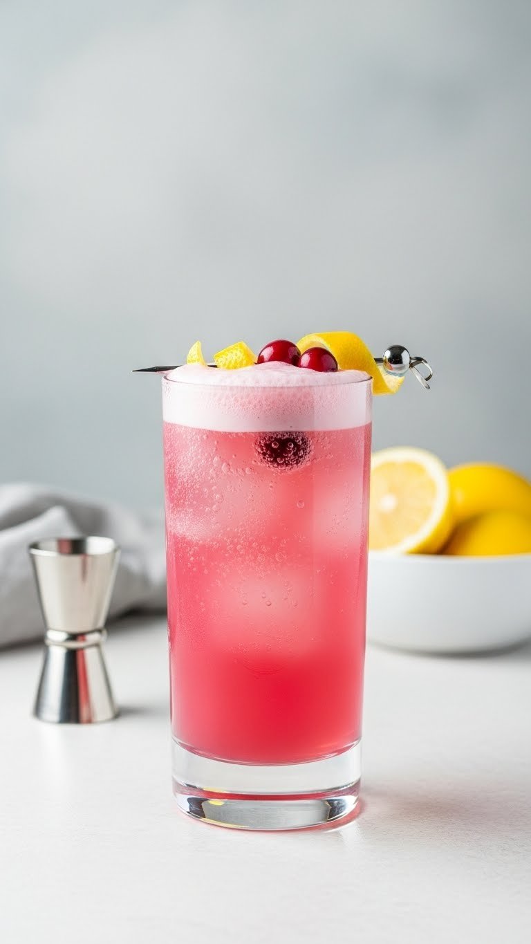 Pink gin fizz cocktail in highball glass with lemon peel garnish and rising bubbles