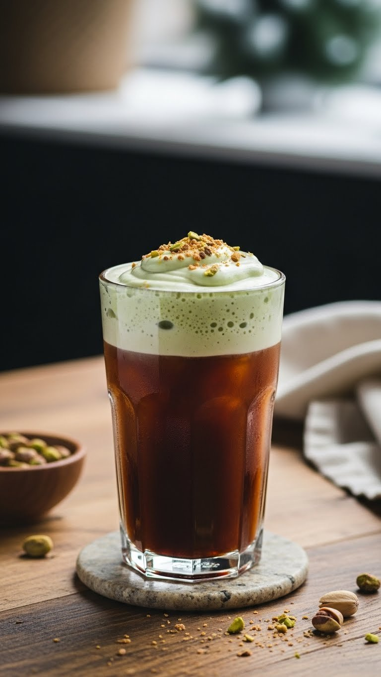 Pistachio Cream Cold Brew with pistachio foam and butter sprinkles on rustic wooden table