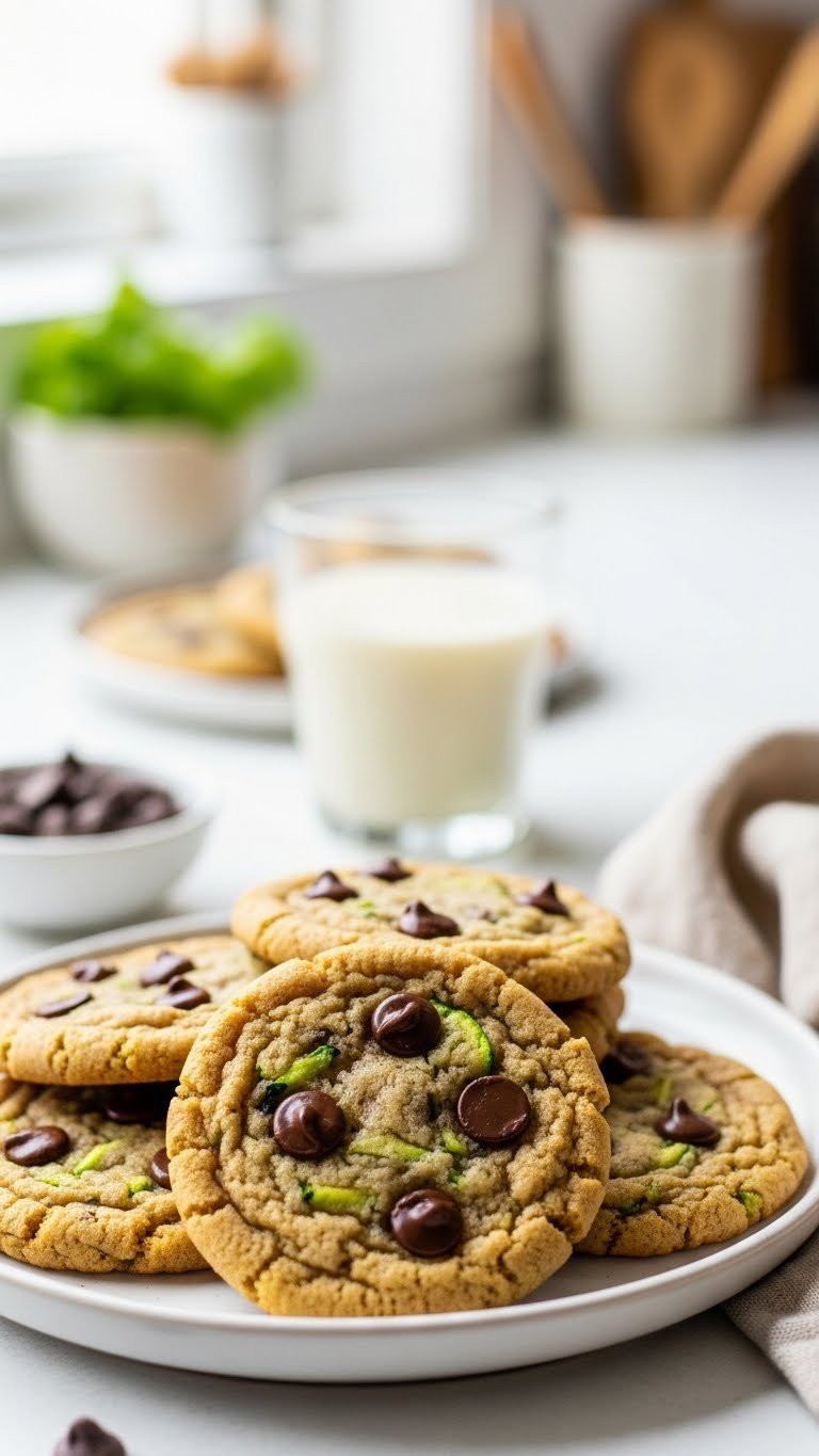 Plate of vegan zucchini chocolate chip cookies with crinkled surface on minimalist plate