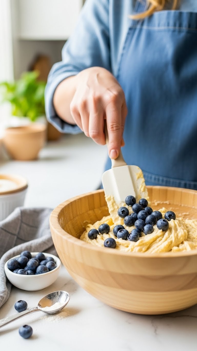 Plump blueberries being gently folded into golden batter with silicone spatula to prevent crushing.