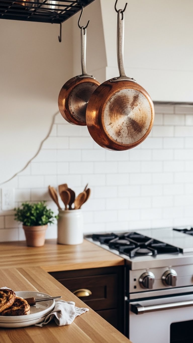 Polished copper cookware hanging from minimalist pot rack above stove with warm golden hour lighting