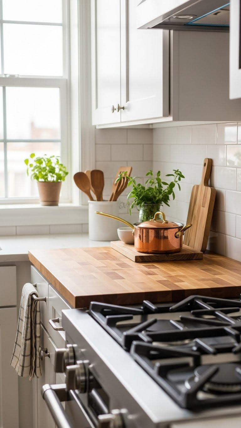 Portable butcher block countertop overlay with copper cookware and natural wood grain displayed on laminate surface