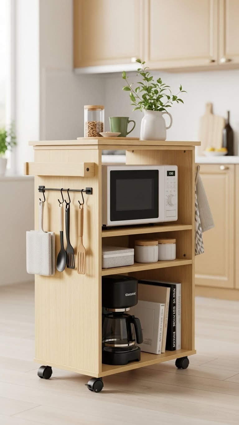 Portable kitchen island with integrated microwave nook and appliance storage in modern apartment kitchen