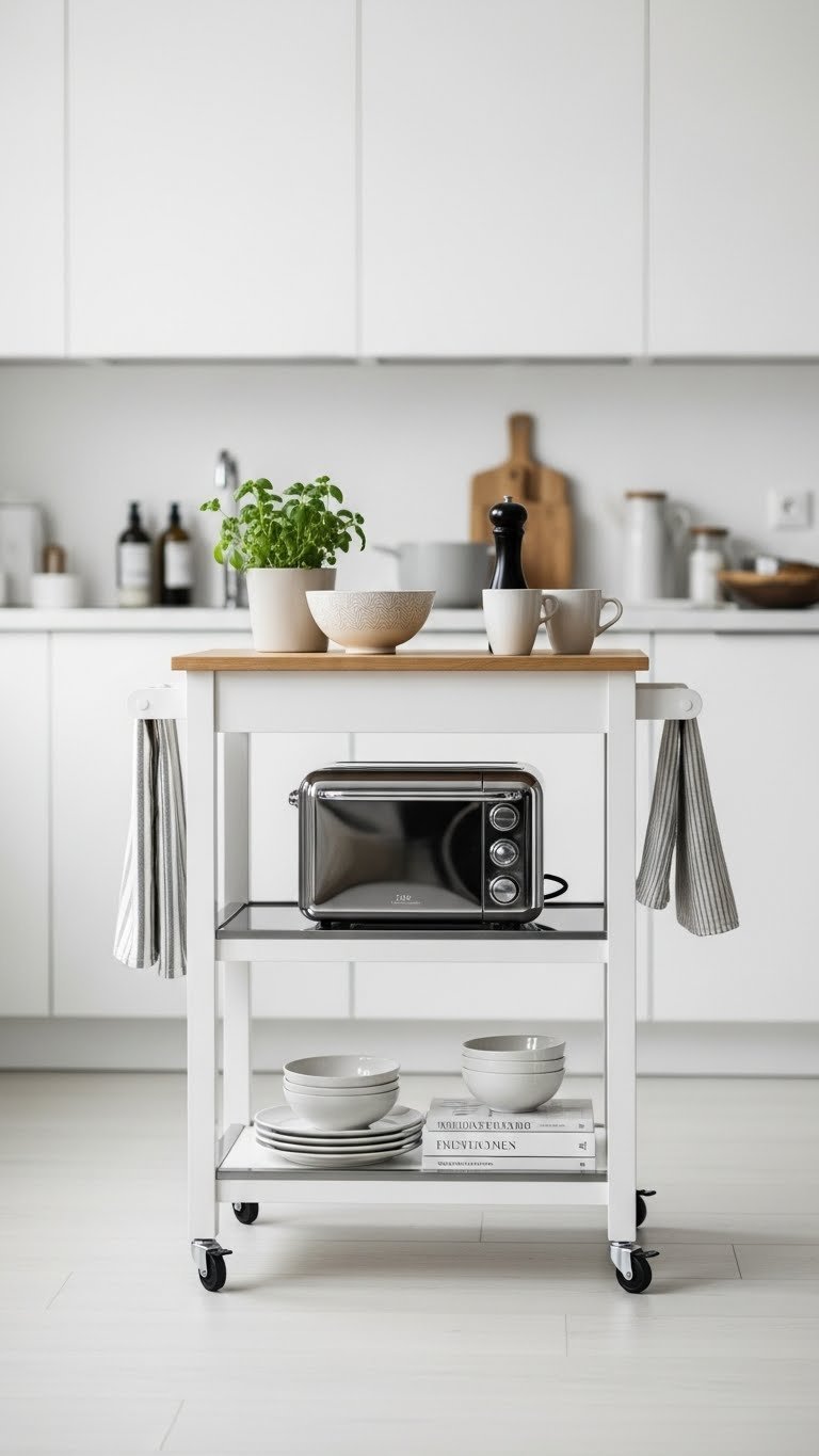 Portable multifunctional rolling kitchen cart with storage shelves in neutral wood tones against blurred kitchen background.