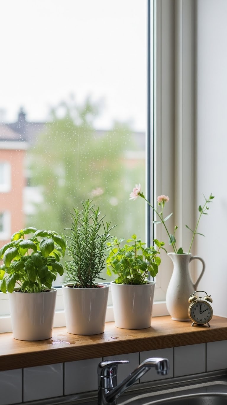 Potted herbs on wooden window sill with ceramic vase showcasing charming apartment kitchen decor