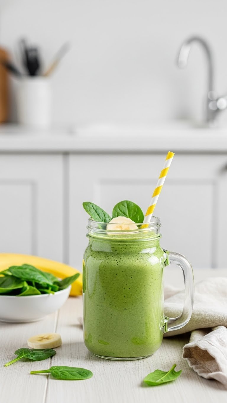 Powerful Green Monster Smoothie with vibrant opaque green texture garnished with spinach leaves in glass jar for nutritious breakfast.