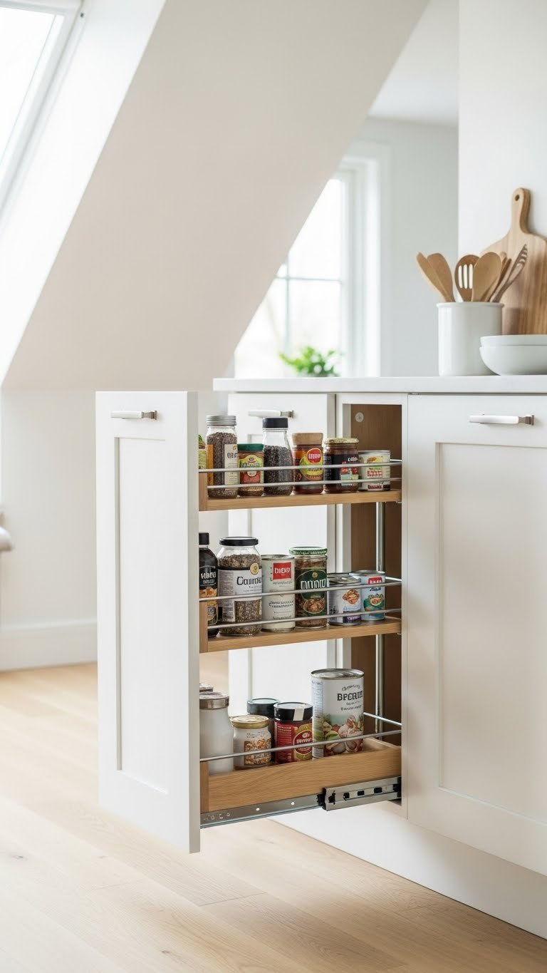 11 Genius Attic Kitchen Ideas For Slanted Ceilings 5 Pull-out pantry system cleverly tucked under low-clearance eaves showcasing maximized storage in angled attic kitchen space