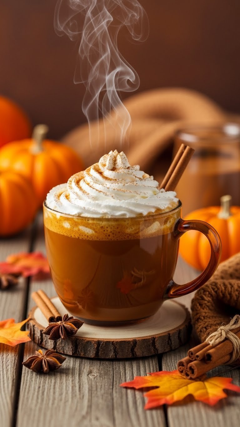 Pumpkin spice latte in amber ceramic mug with whipped cream and spice topping on farmhouse table
