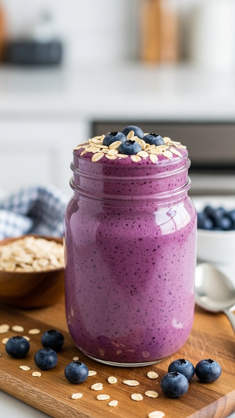 Purple oats blueberry energy smoothie in rustic mason jar topped with oats and berries