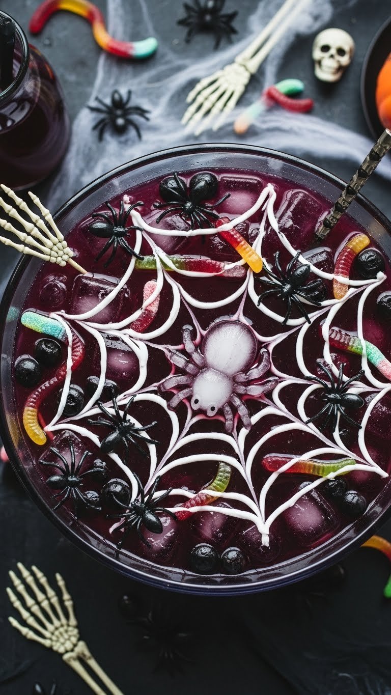 Purple spider web punch in glass bowl with coconut cream web and floating spider ice mold