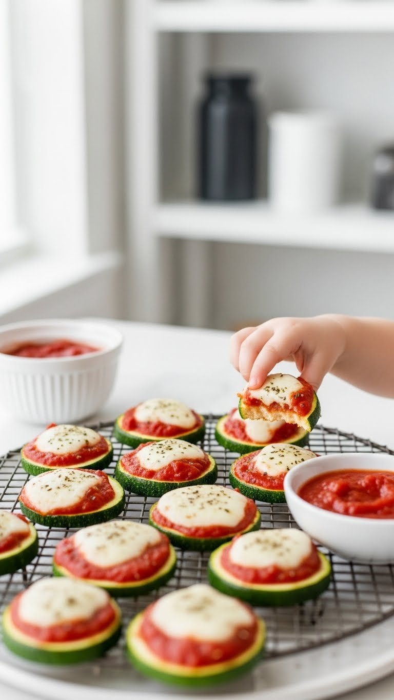 Quick zucchini pizza bites with melted mozzarella and tomato sauce on cooling rack for kid-friendly snacks.