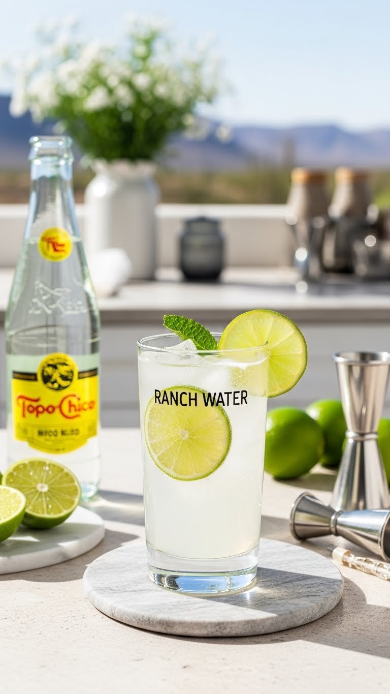 Ranch Water cocktail with Topo Chico, lime wedges in tall glass against light stone surface