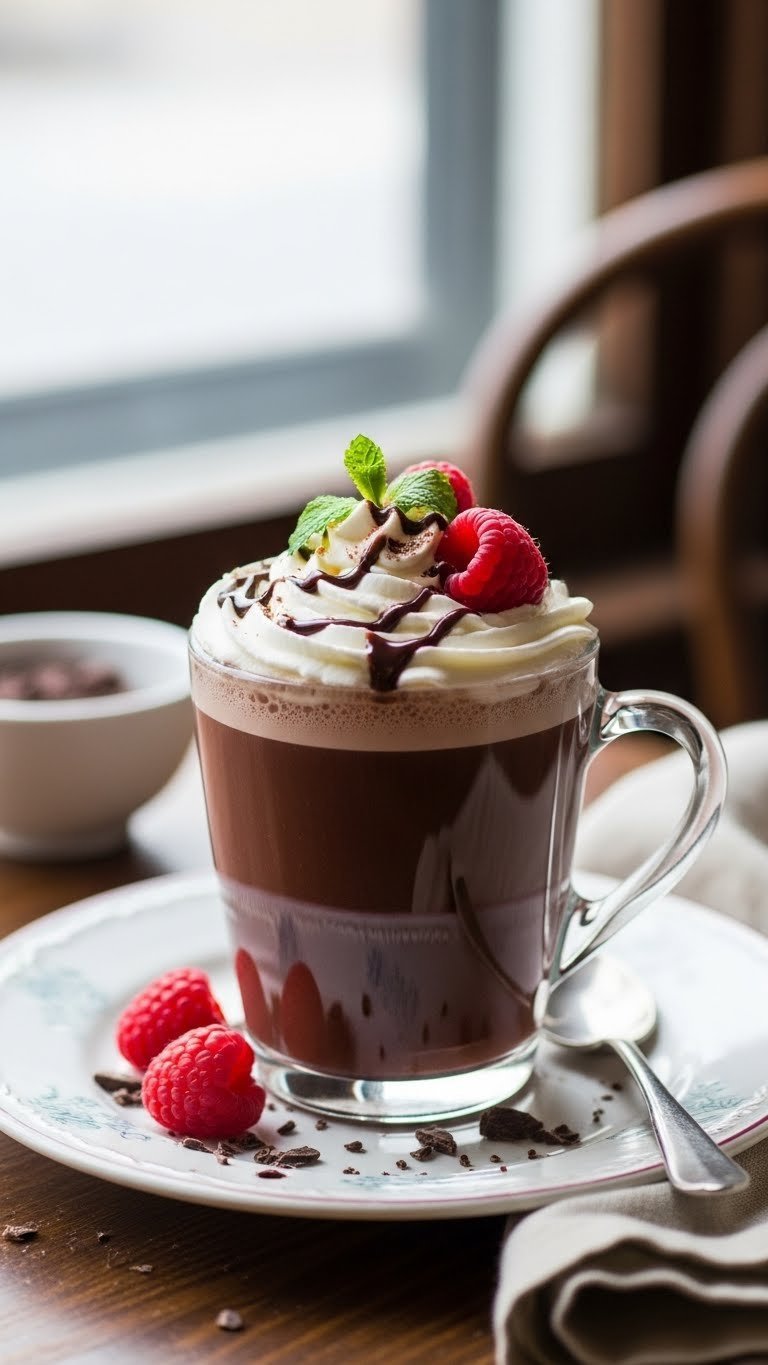 Raspberry Truffle Mocha in elegant mug with whipped cream, fresh raspberries, and chocolate drizzle on ceramic plate
