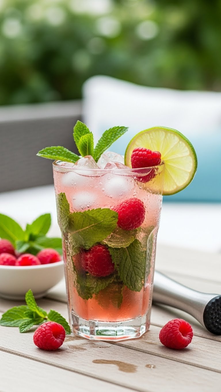 Raspberry mojito in tall glass with mint leaves and lime wedge on wooden surface