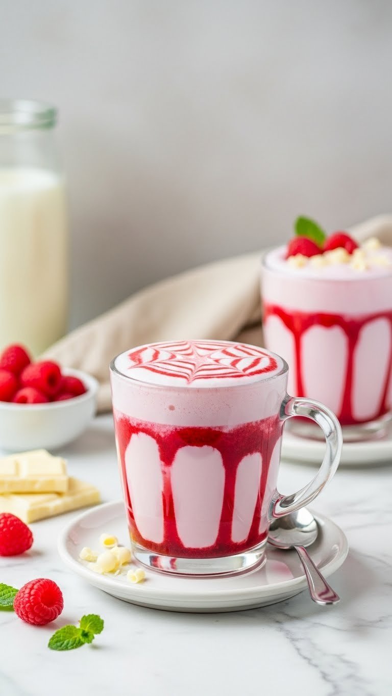 Raspberry white chocolate latte in glass mug with pink swirls and fresh raspberries on marble