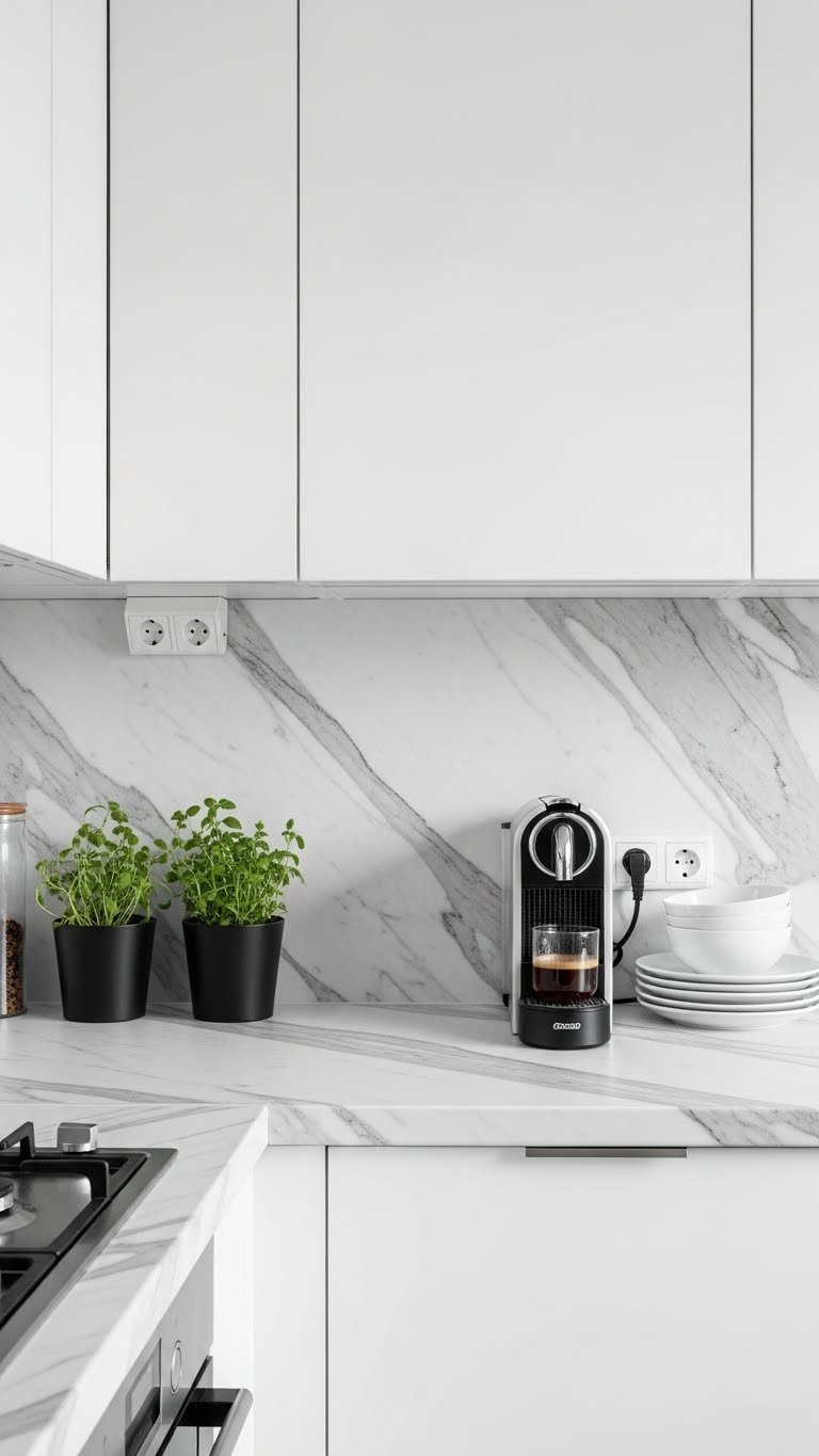 Realistic marble effect laminate countertops with gray veining in budget-friendly apartment kitchen renovation