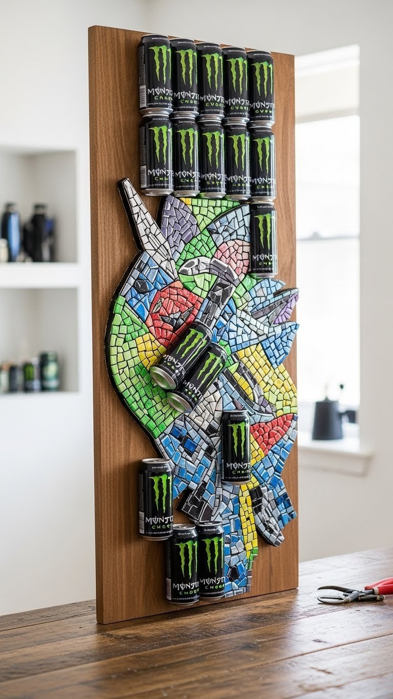 Recycled Monster Energy can mosaic crafted from flattened aluminum cans arranged on rustic wooden board