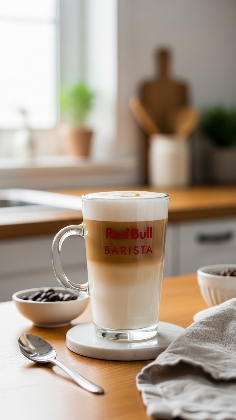 Red Bull Barista Blend layered drink in clear glass mug showing creamer and syrup layers