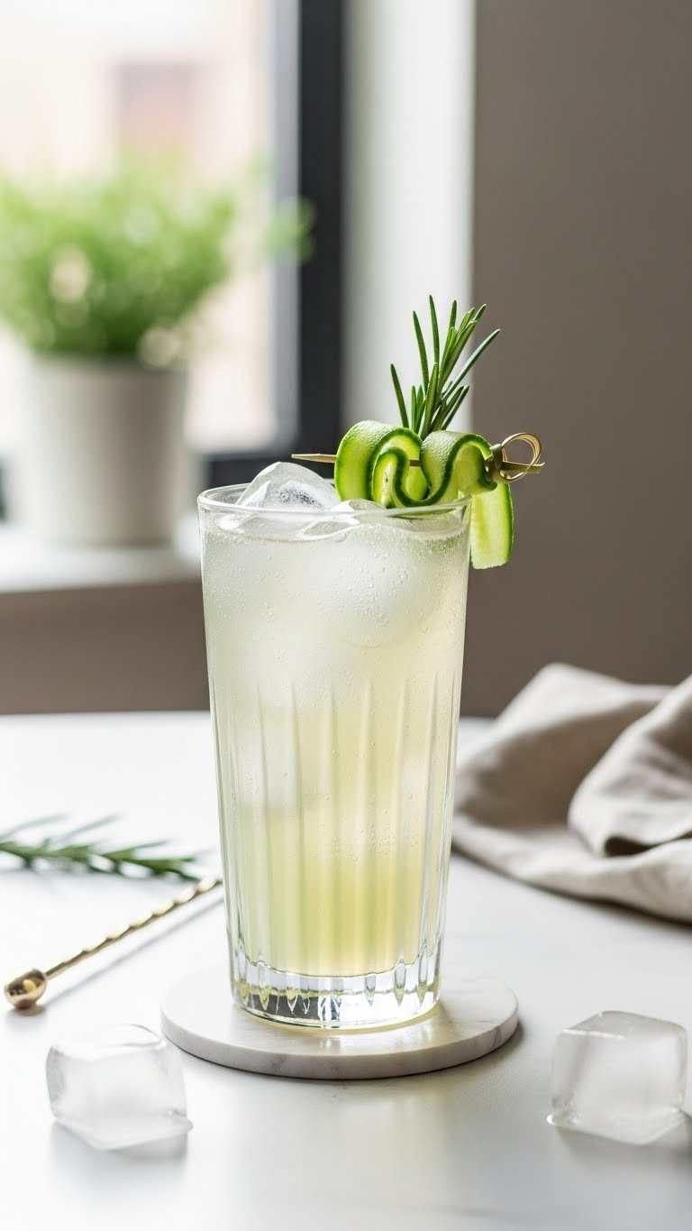 Red Bull Gin Fizz cocktail in slender glass with cucumber peel and rosemary sprig garnish