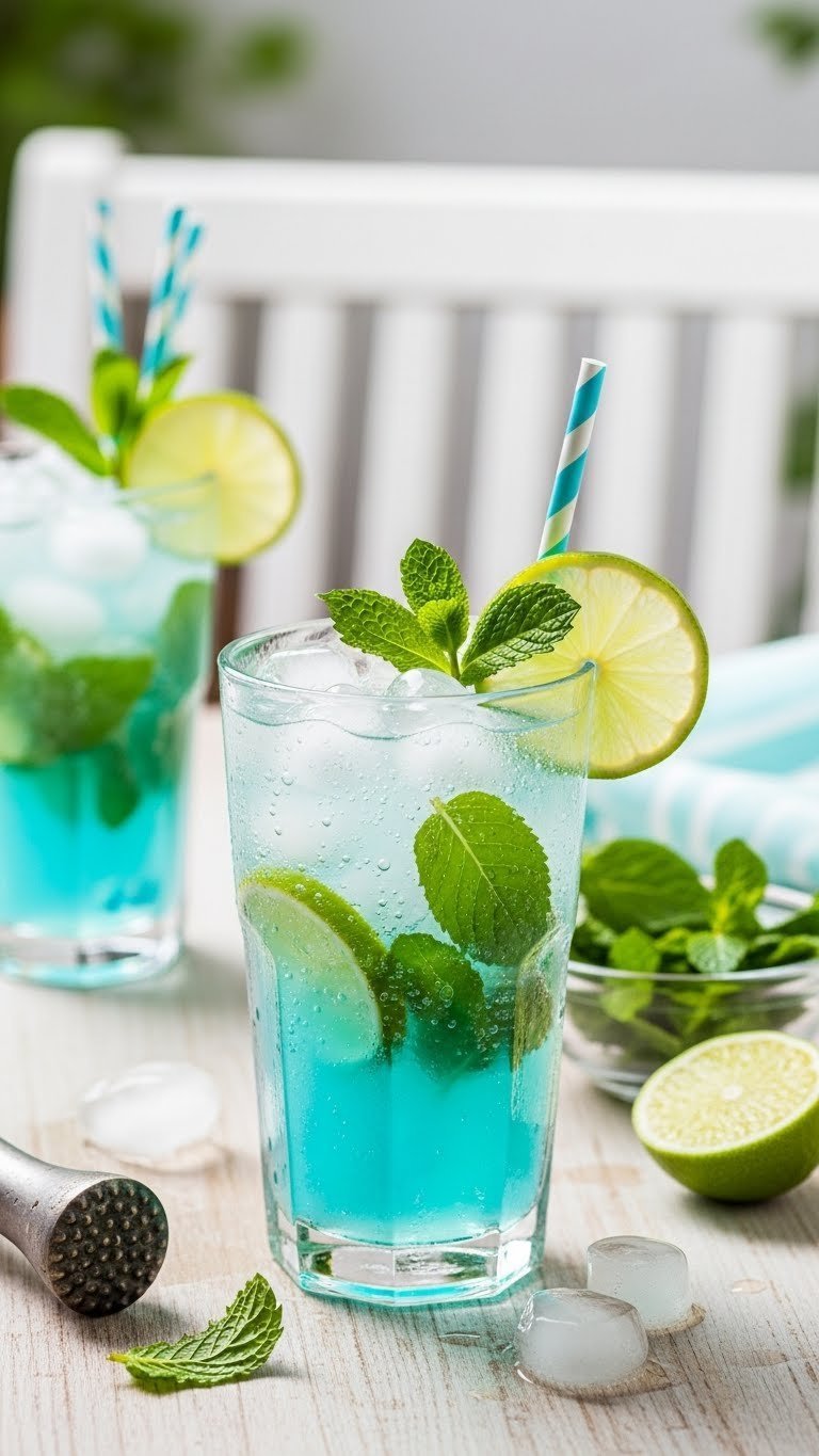 Refreshing Blue Mojito mocktail in Collins glass with fresh mint leaves and lime wedges on wooden tabletop