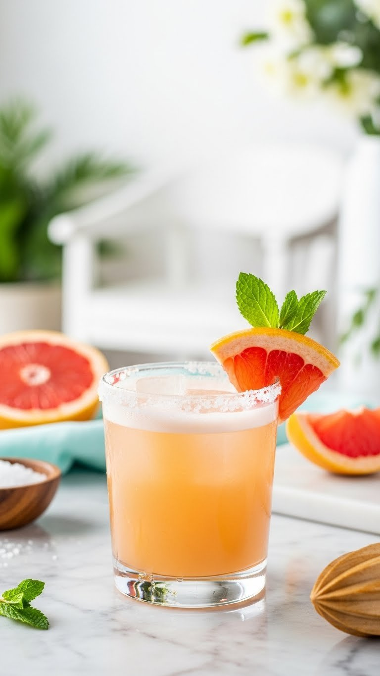 Refreshing Salty Dog cocktail in salt-rimmed highball glass with grapefruit juice and condensation on marble countertop