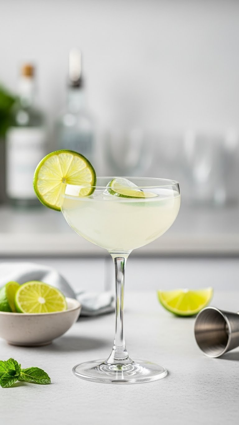 Refreshing Vodka Gimlet cocktail in chilled coupe glass with pale green color and lime wheel garnish