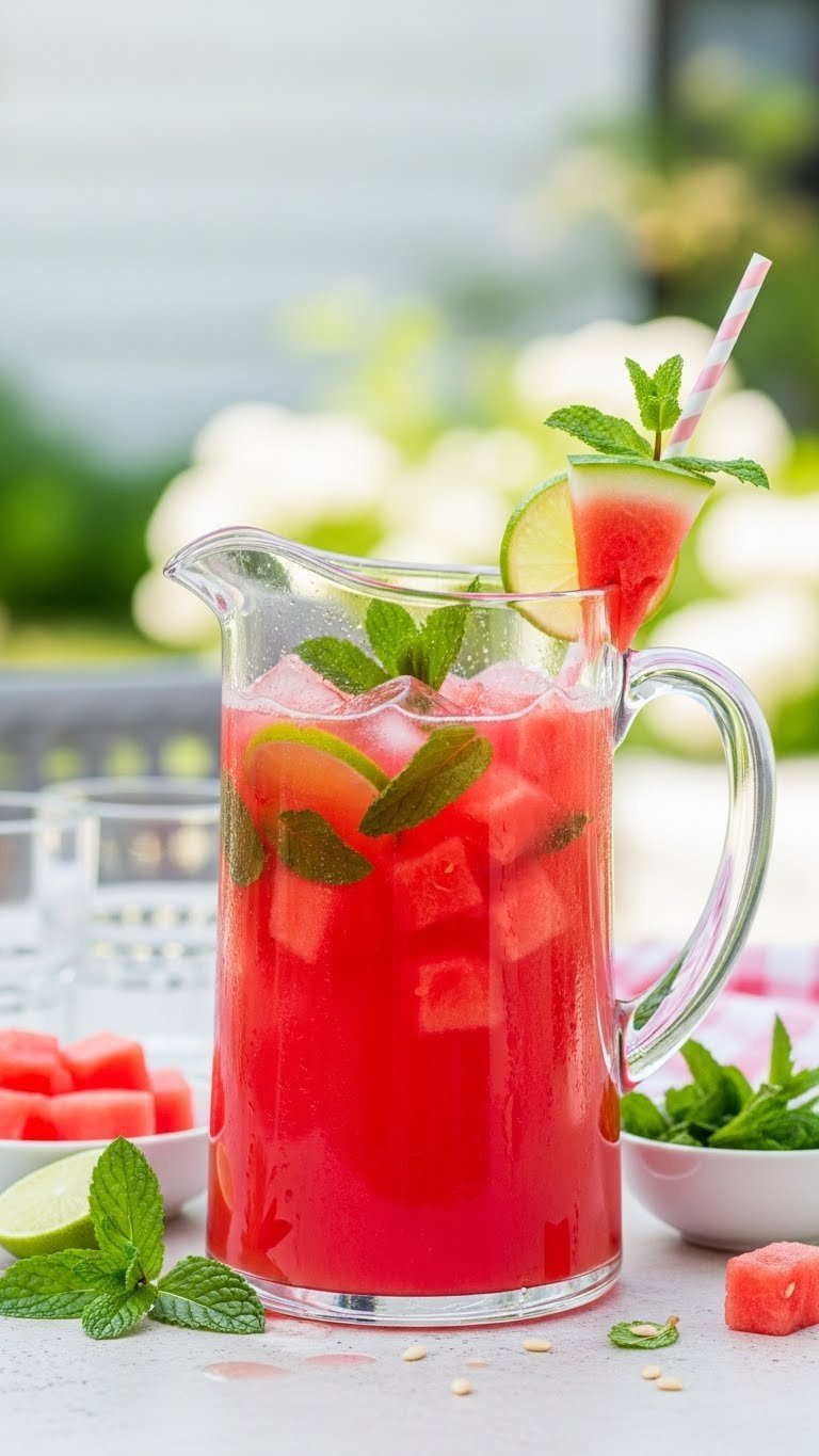Refreshing minty watermelon delight punch with watermelon cubes and mint leaves in glass pitcher on patio table
